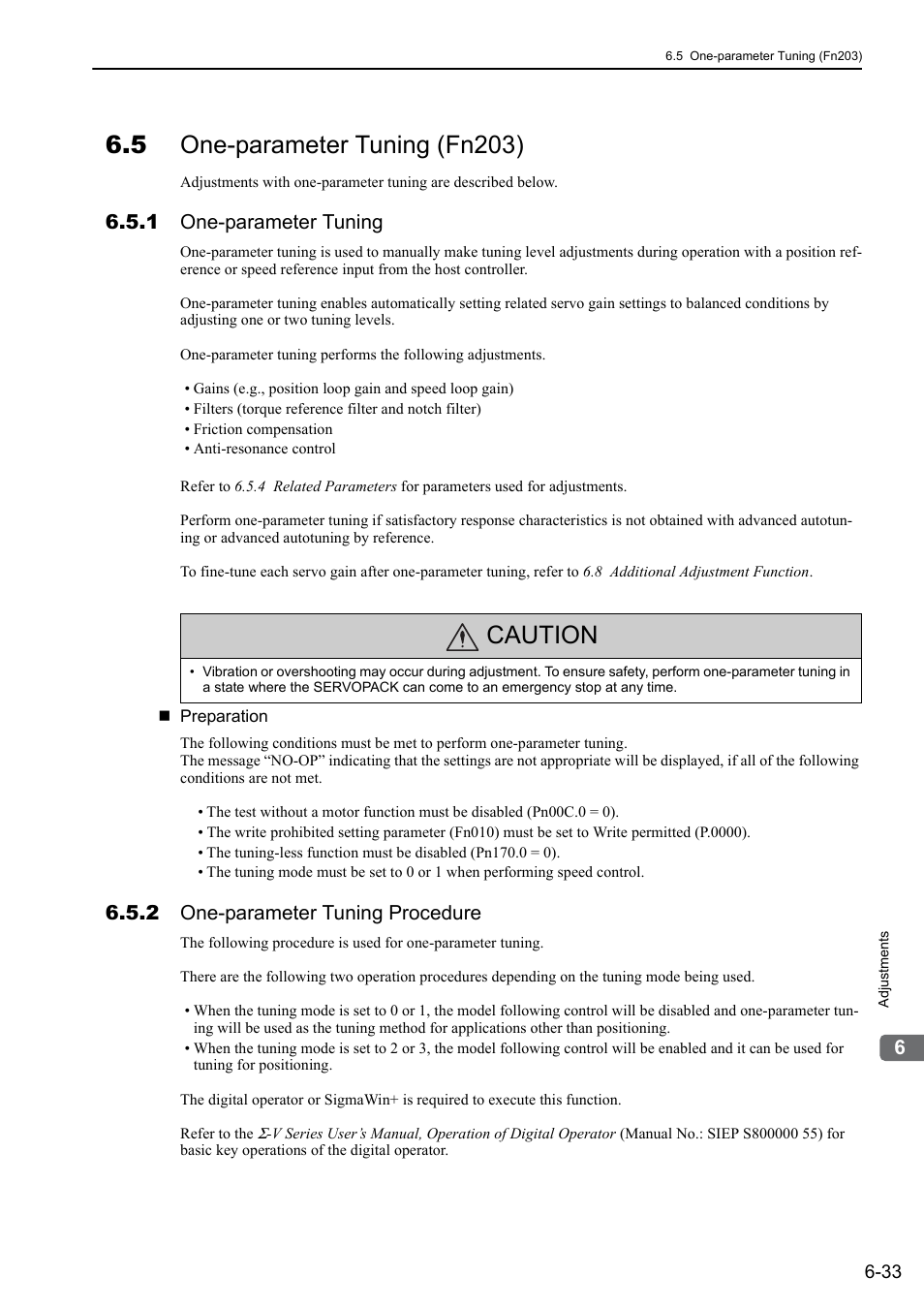 5 one-parameter tuning (fn203), 1 one-parameter tuning, 2 one-parameter tuning procedure | Caution | Yaskawa Σ-V Series AC Servo Drives Rotational Motor Analog Voltage Reference User Manual | Page 184 / 320