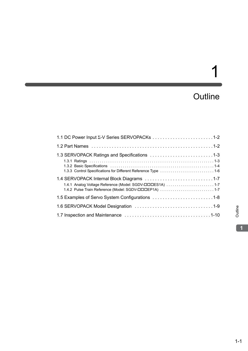 1 outline, Outline | Yaskawa Σ-V Series AC Servo Drives Rotational Motor Analog Voltage Reference User Manual | Page 19 / 320