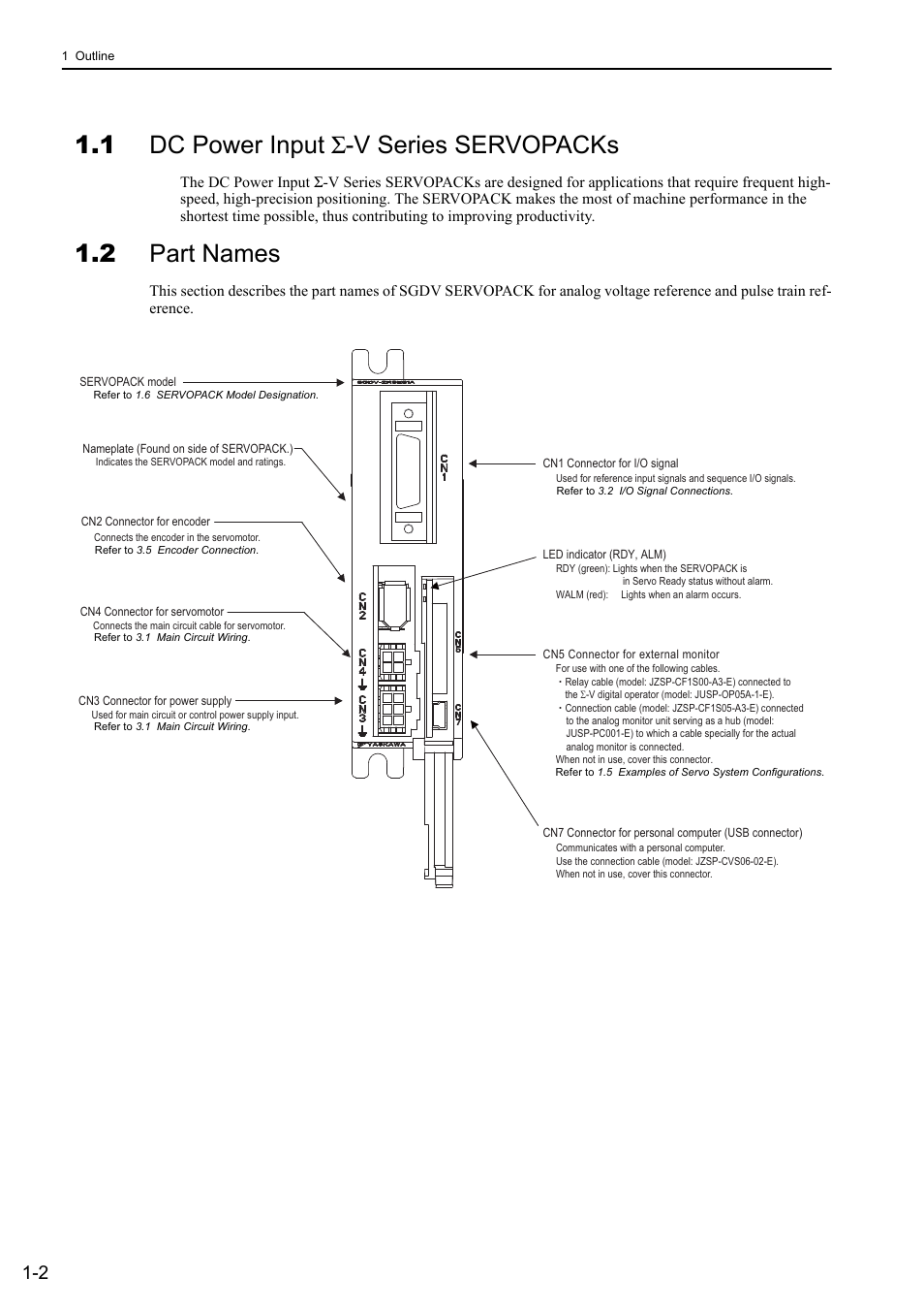 1 dc power input sigma-v series servopacks, 2 part names, 1 dc power input σ -v series servopacks | Analog | Yaskawa Σ-V Series AC Servo Drives Rotational Motor Analog Voltage Reference User Manual | Page 20 / 320