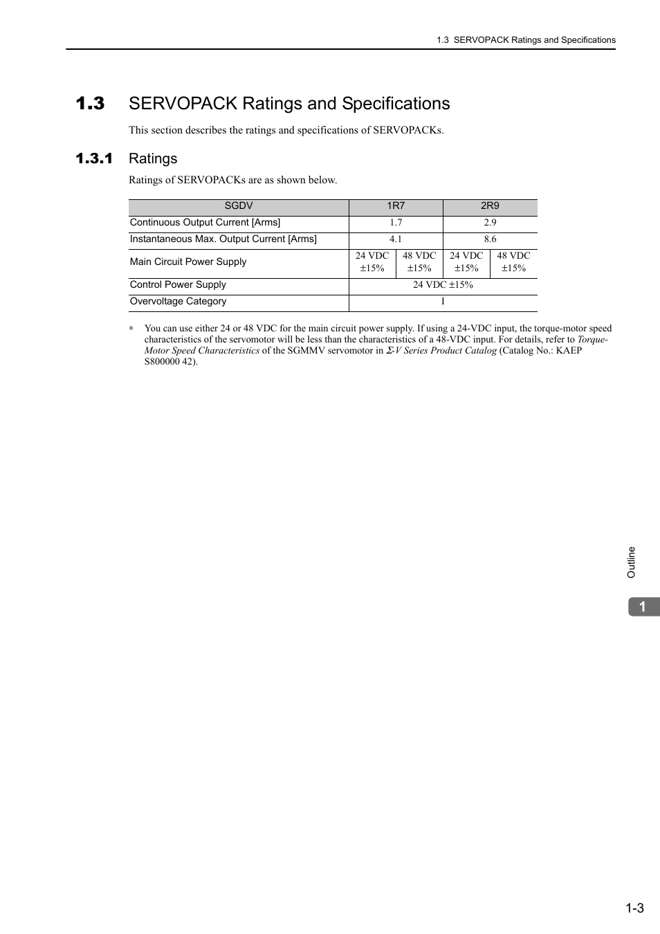 3 servopack ratings and specifications, 1 ratings | Yaskawa Σ-V Series AC Servo Drives Rotational Motor Analog Voltage Reference User Manual | Page 21 / 320