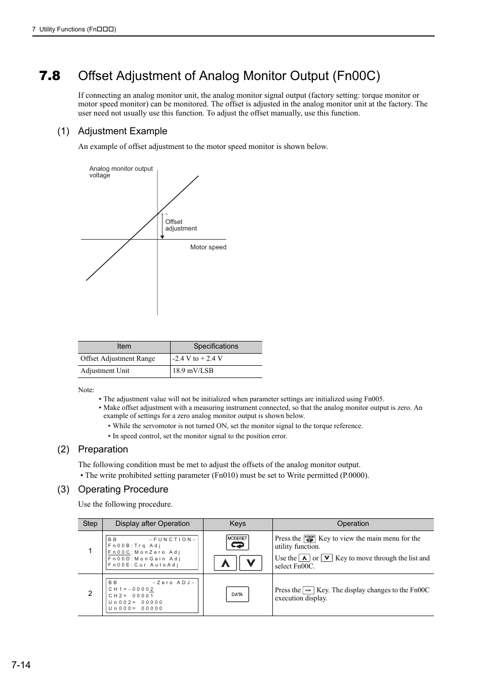 1) adjustment example, 2) preparation, 3) operating procedure | Yaskawa Σ-V Series AC Servo Drives Rotational Motor Analog Voltage Reference User Manual | Page 232 / 320