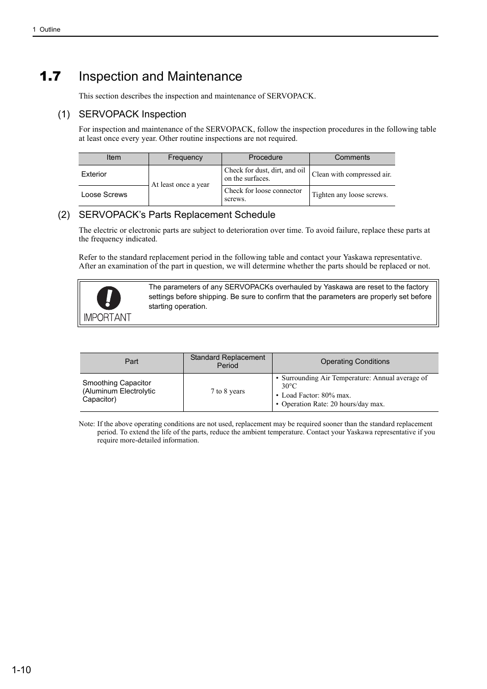 7 inspection and maintenance, 1) servopack inspection, 2) servopack’s parts replacement schedule | Yaskawa Σ-V Series AC Servo Drives Rotational Motor Analog Voltage Reference User Manual | Page 28 / 320