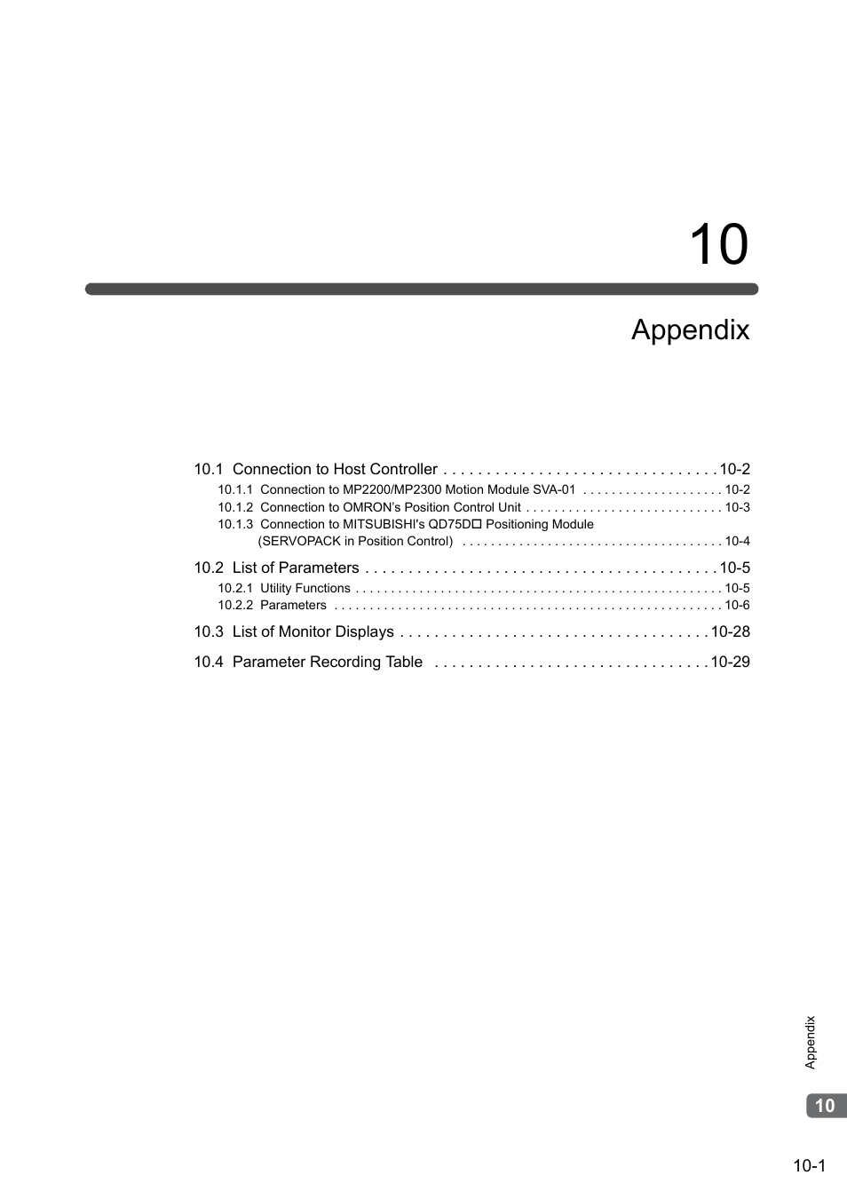 10 appendix, Appendix | Yaskawa Σ-V Series AC Servo Drives Rotational Motor Analog Voltage Reference User Manual | Page 283 / 320