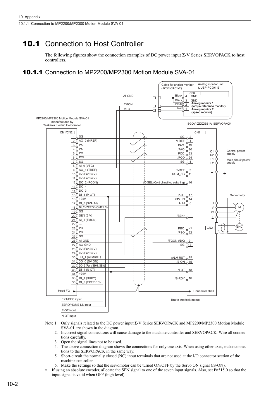 1 connection to host controller, 1 connection to mp2200/mp2300 motion module sva-01, Analog | Yaskawa Σ-V Series AC Servo Drives Rotational Motor Analog Voltage Reference User Manual | Page 284 / 320