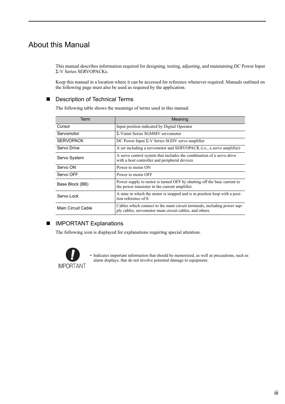 About this manual, Description of technical terms, Important explanations | Yaskawa Σ-V Series AC Servo Drives Rotational Motor Analog Voltage Reference User Manual | Page 3 / 320