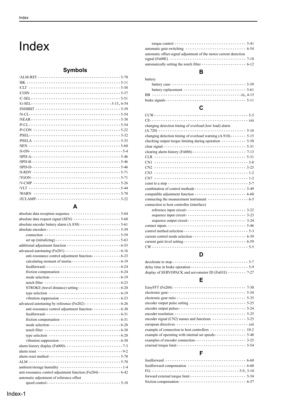Index, Symbols, Index-1 | Yaskawa Σ-V Series AC Servo Drives Rotational Motor Analog Voltage Reference User Manual | Page 316 / 320