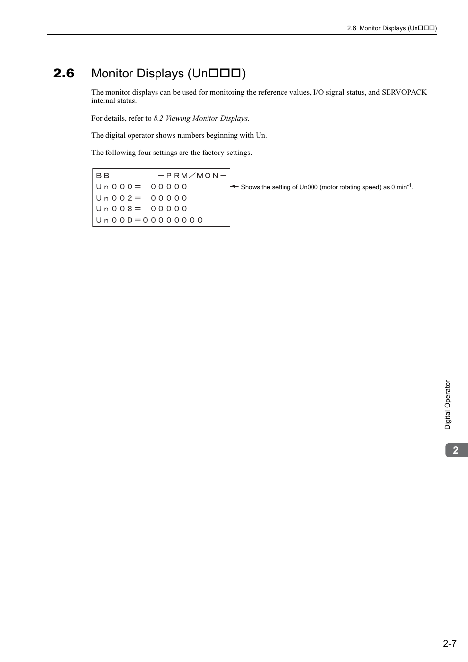 6 monitor displays (un***), 6 monitor displays (un ) | Yaskawa Σ-V Series AC Servo Drives Rotational Motor Analog Voltage Reference User Manual | Page 35 / 320