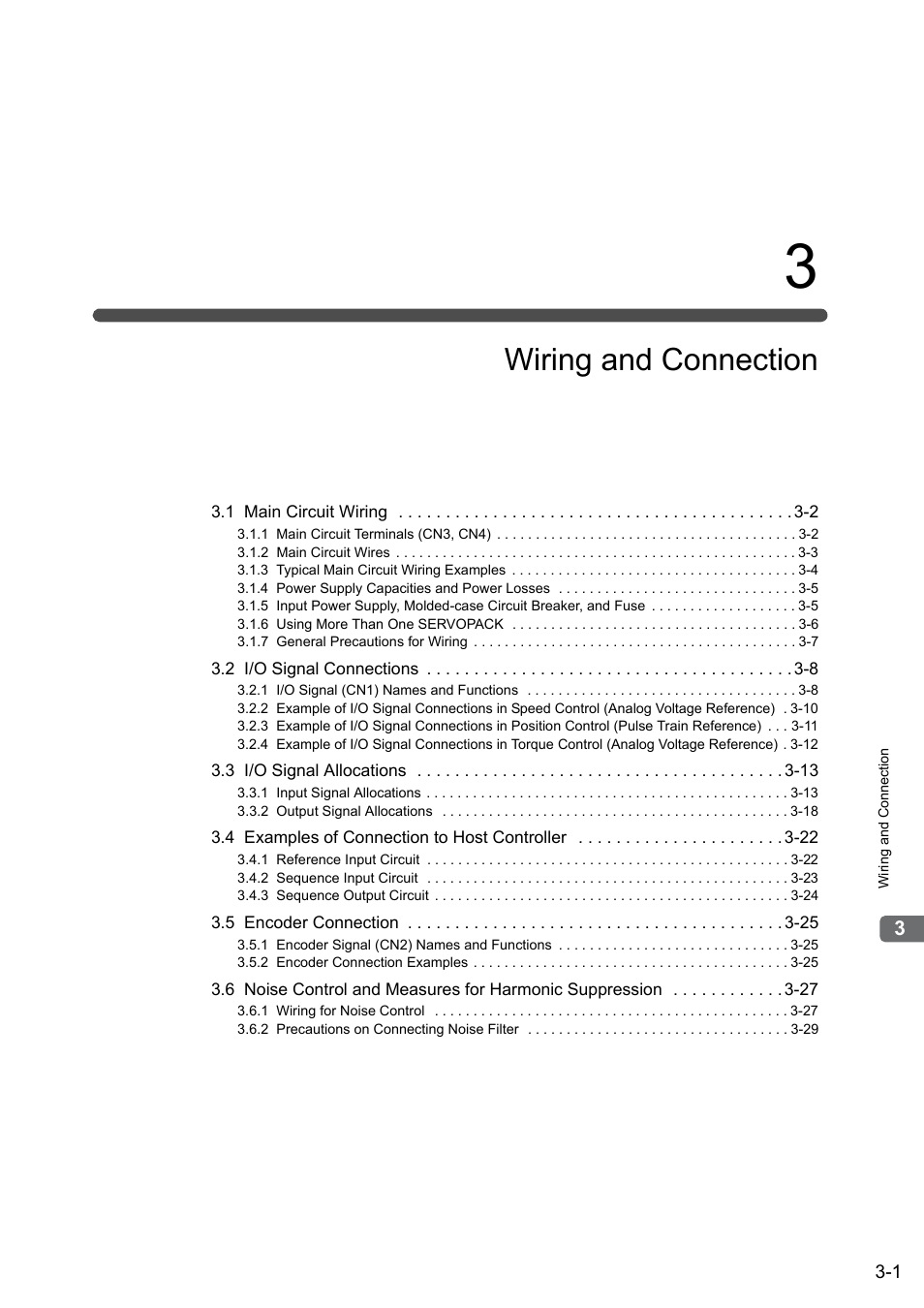 3 wiring and connection, Wiring and connection | Yaskawa Σ-V Series AC Servo Drives Rotational Motor Analog Voltage Reference User Manual | Page 36 / 320
