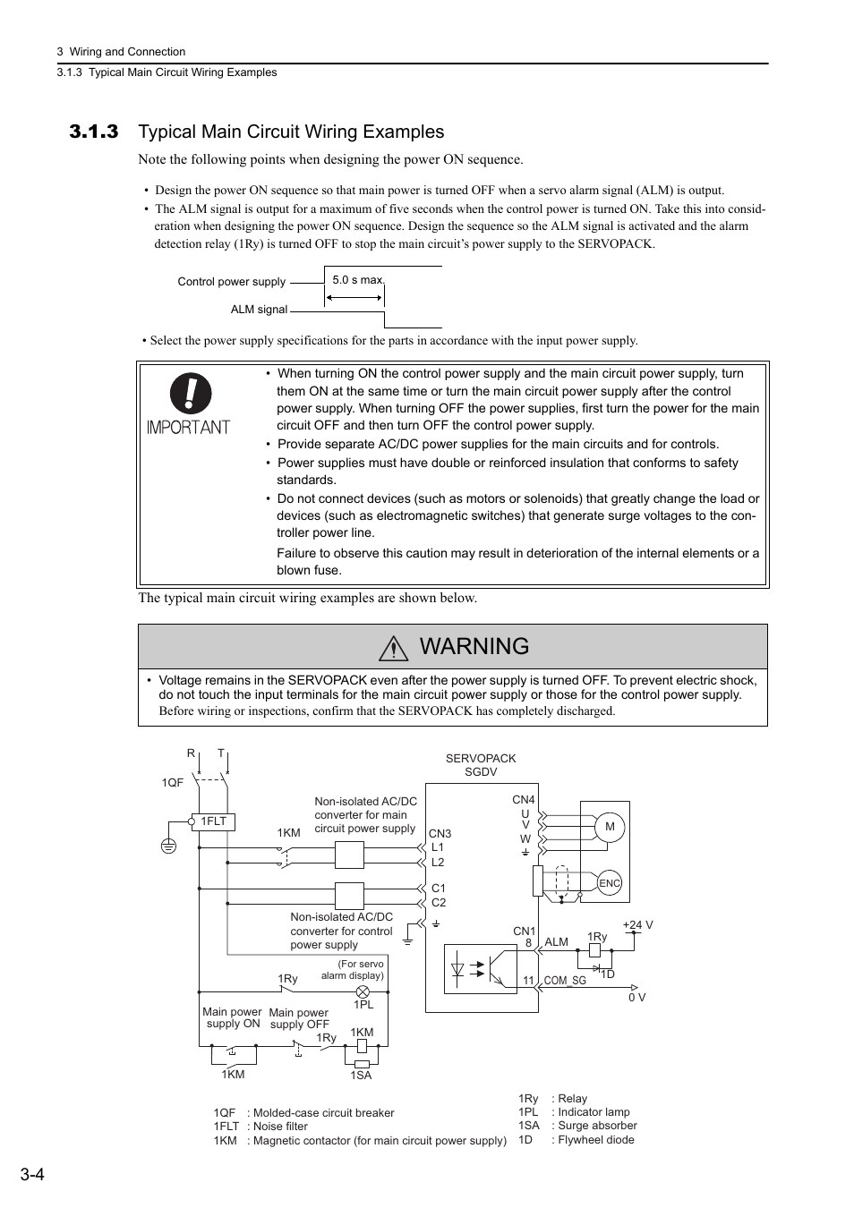3 typical main circuit wiring examples, Warning, Analog | Yaskawa Σ-V Series AC Servo Drives Rotational Motor Analog Voltage Reference User Manual | Page 39 / 320