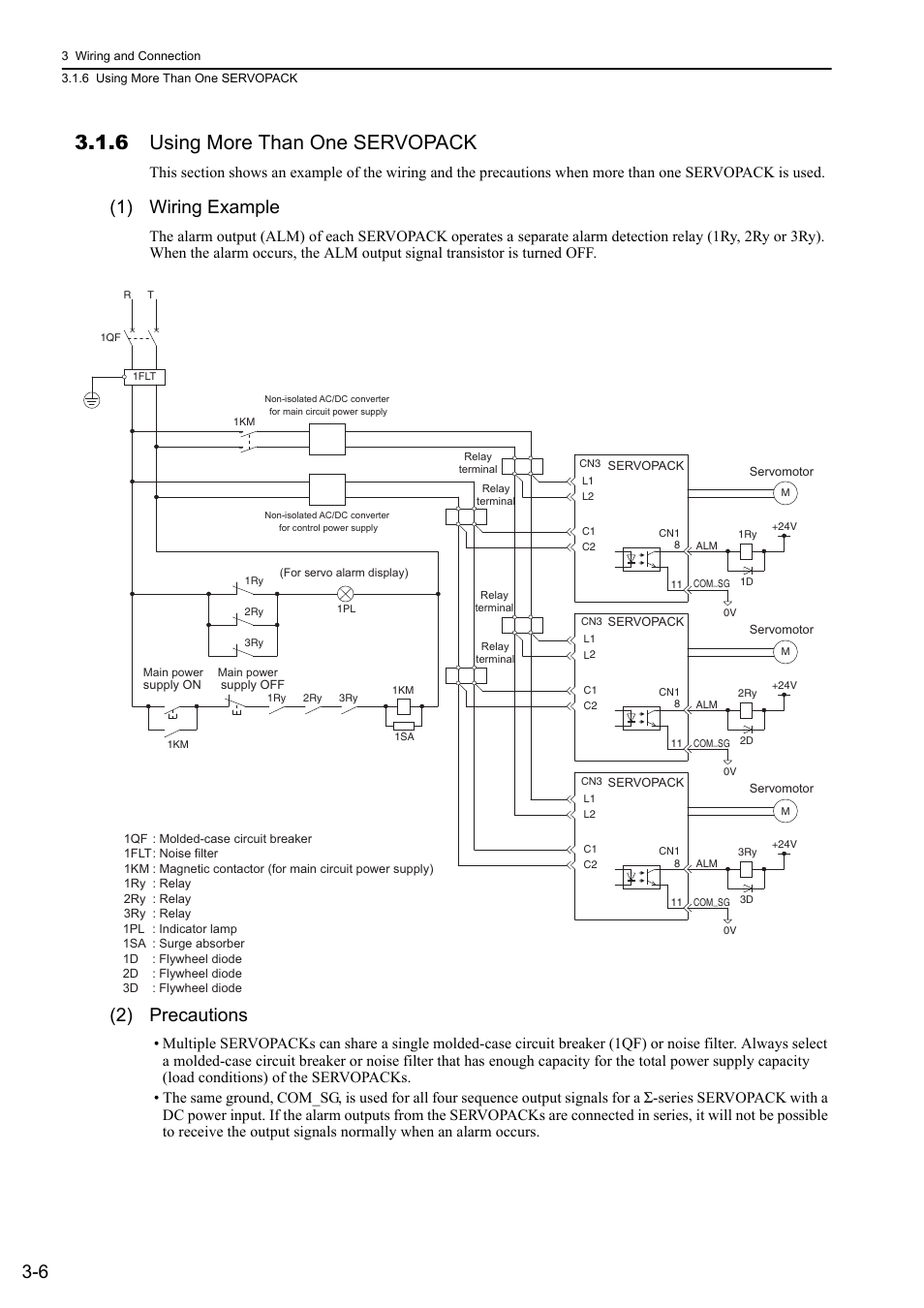 6 using more than one servopack, 1) wiring example, 2) precautions | Analog | Yaskawa Σ-V Series AC Servo Drives Rotational Motor Analog Voltage Reference User Manual | Page 41 / 320