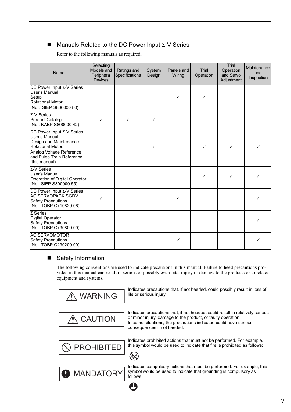 Warning caution prohibited mandatory, Vmanuals related to the dc power input σ -v series, Safety information | Yaskawa Σ-V Series AC Servo Drives Rotational Motor Analog Voltage Reference User Manual | Page 5 / 320