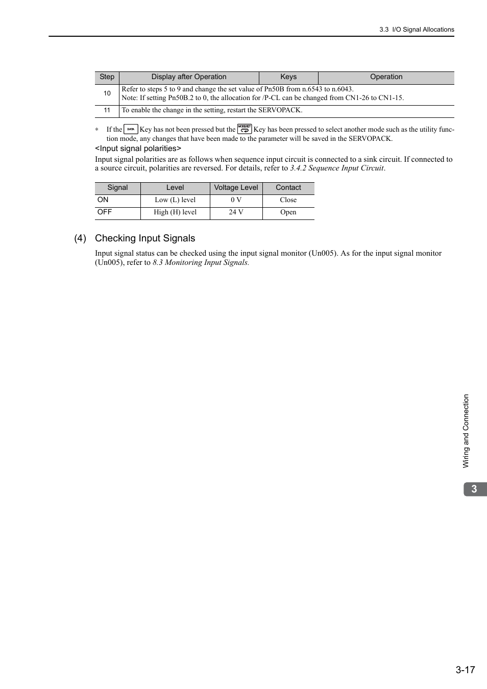 4) checking input signals | Yaskawa Σ-V Series AC Servo Drives Rotational Motor Analog Voltage Reference User Manual | Page 52 / 320