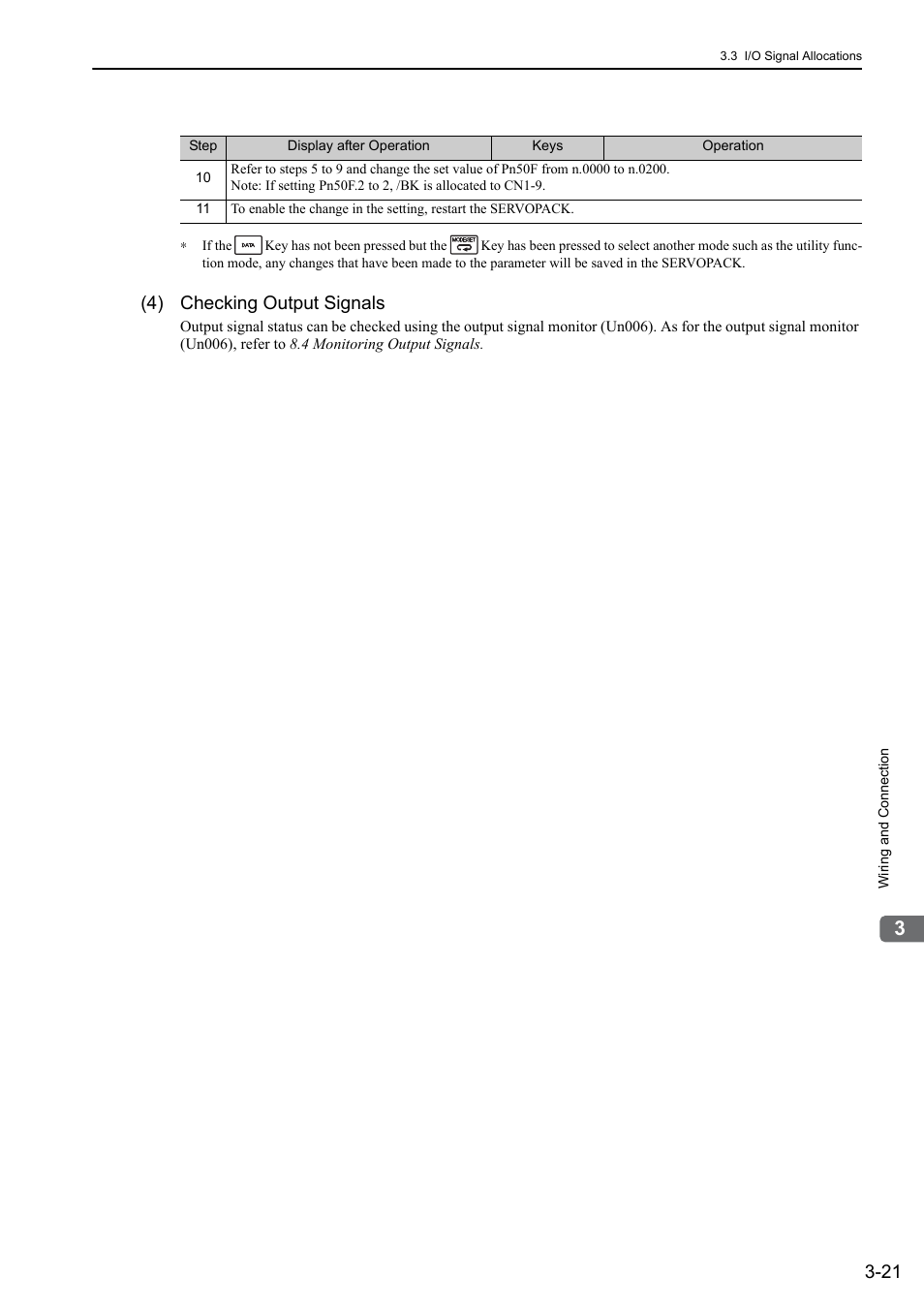 4) checking output signals | Yaskawa Σ-V Series AC Servo Drives Rotational Motor Analog Voltage Reference User Manual | Page 56 / 320