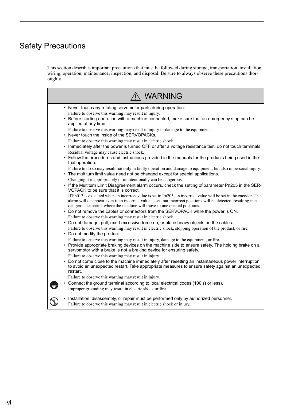 Safety precautions, Warning | Yaskawa Σ-V Series AC Servo Drives Rotational Motor Analog Voltage Reference User Manual | Page 6 / 320