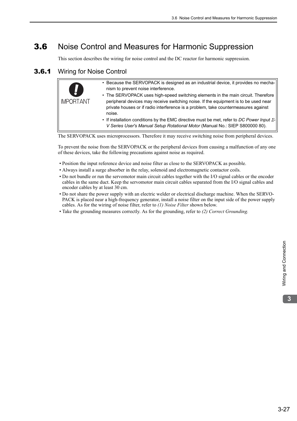 1 wiring for noise control | Yaskawa Σ-V Series AC Servo Drives Rotational Motor Analog Voltage Reference User Manual | Page 62 / 320