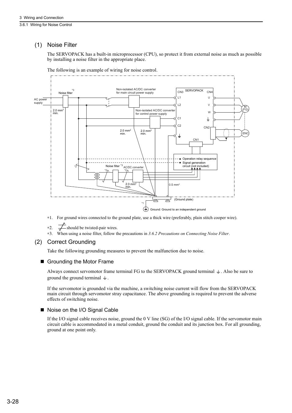28 (1) noise filter, 2) correct grounding, Grounding the motor frame | Noise on the i/o signal cable | Yaskawa Σ-V Series AC Servo Drives Rotational Motor Analog Voltage Reference User Manual | Page 63 / 320