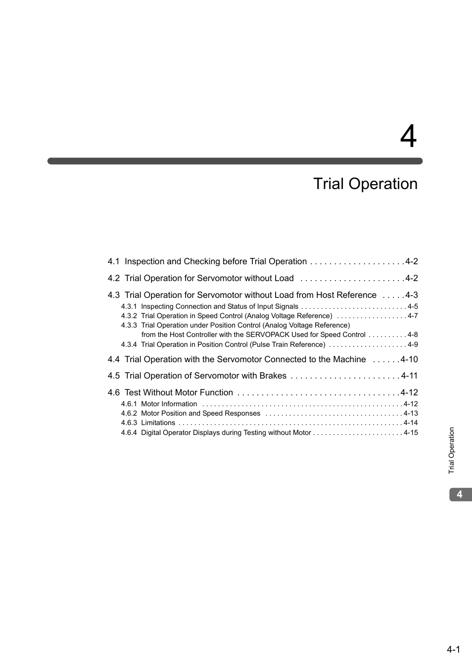 4 trial operation, Trial operation | Yaskawa Σ-V Series AC Servo Drives Rotational Motor Analog Voltage Reference User Manual | Page 66 / 320