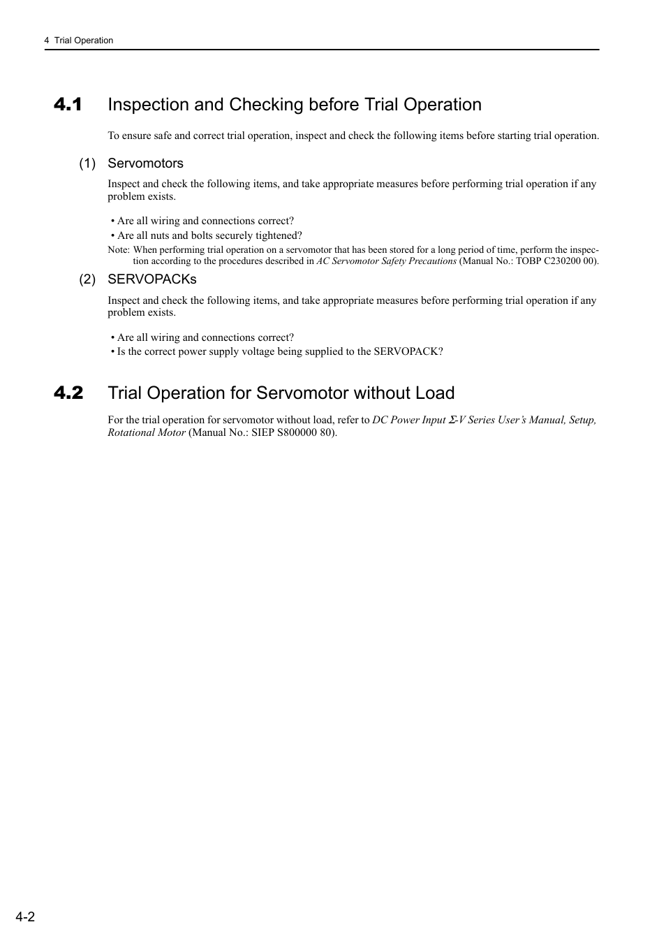 1 inspection and checking before trial operation, 2 trial operation for servomotor without load | Yaskawa Σ-V Series AC Servo Drives Rotational Motor Analog Voltage Reference User Manual | Page 67 / 320