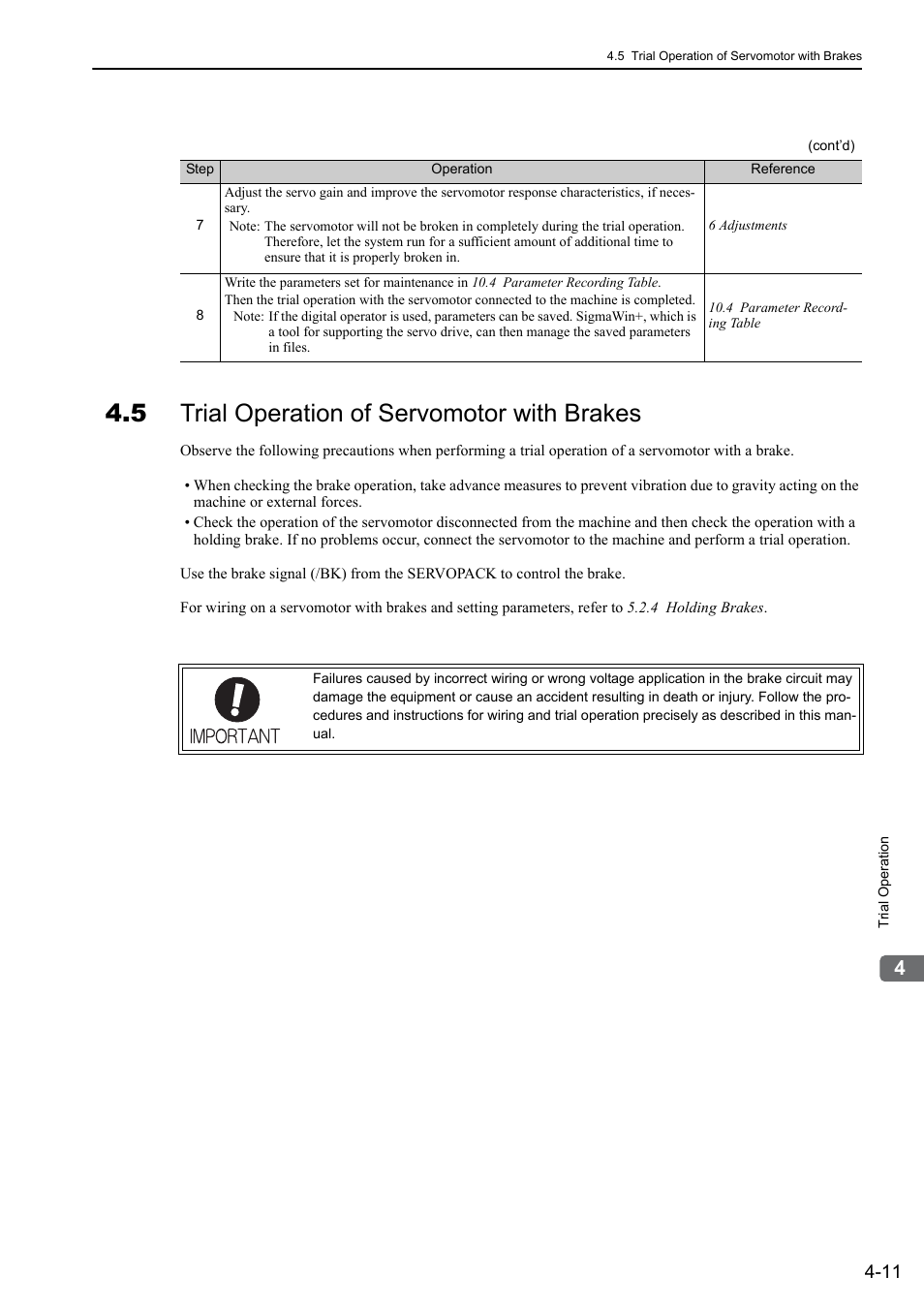 5 trial operation of servomotor with brakes | Yaskawa Σ-V Series AC Servo Drives Rotational Motor Analog Voltage Reference User Manual | Page 76 / 320