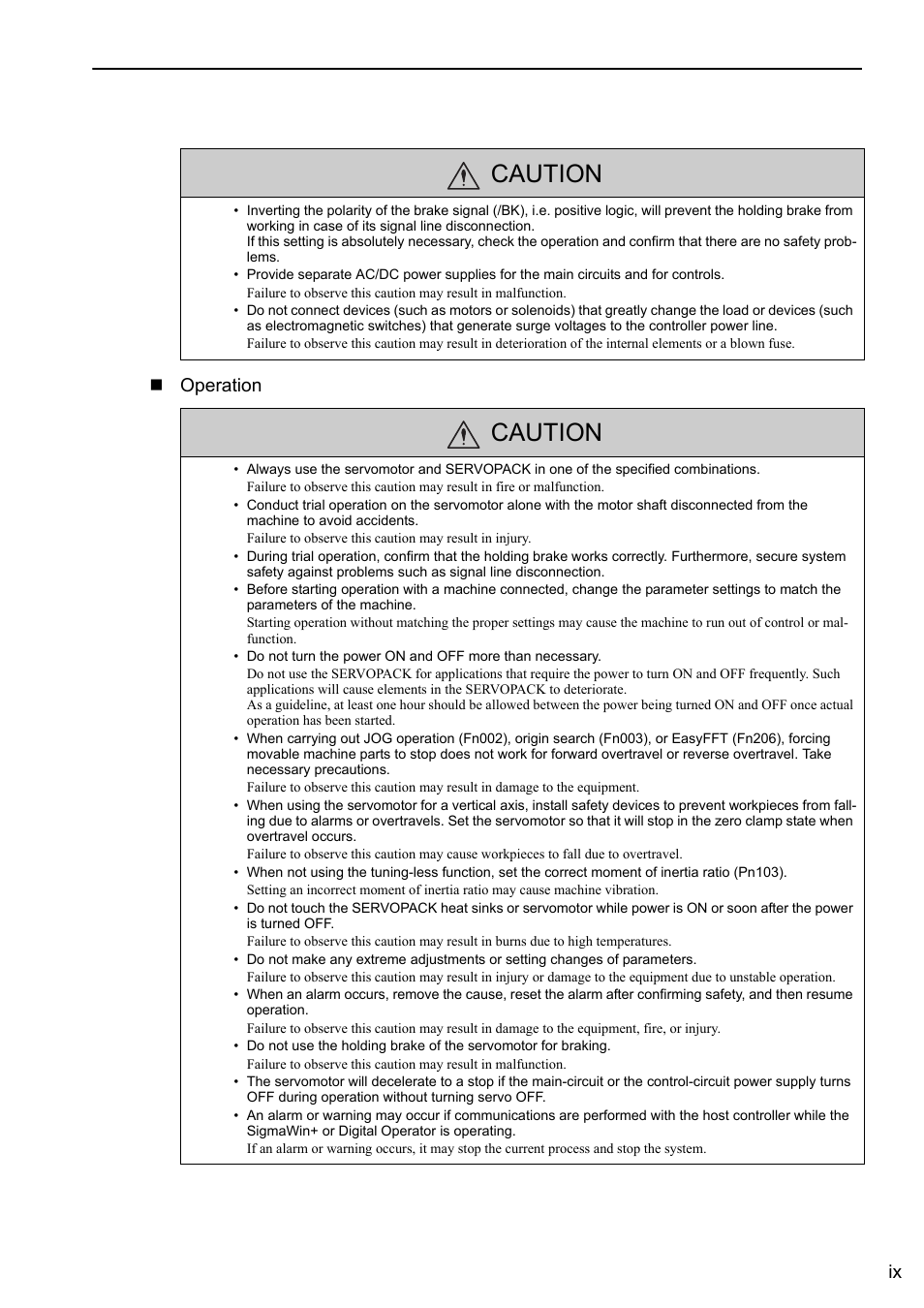 Caution, Ix operation | Yaskawa Σ-V Series AC Servo Drives Rotational Motor Analog Voltage Reference User Manual | Page 9 / 320