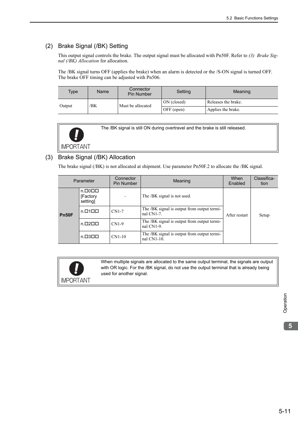 2) brake signal (/bk) setting, 3) brake signal (/bk) allocation | Yaskawa Σ-V Series AC Servo Drives Rotational Motor Analog Voltage Reference User Manual | Page 91 / 320