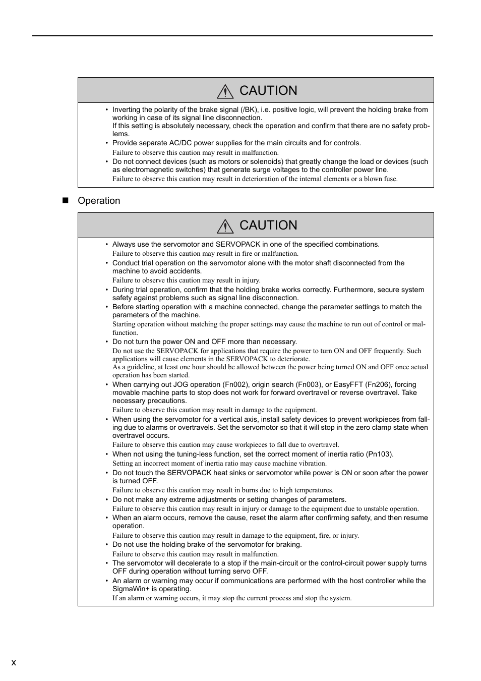 Caution, Xoperation | Yaskawa Σ-V Series AC Servo Drives Rotational Motor MECHATROLINK-II User Manual | Page 10 / 320