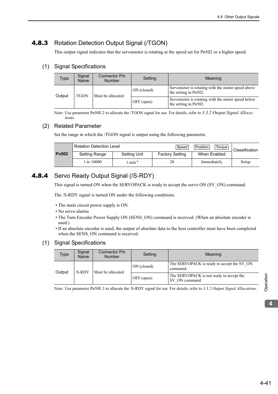 3 rotation detection output signal (/tgon), 4 servo ready output signal (/s-rdy), 1) signal specifications | 2) related parameter | Yaskawa Σ-V Series AC Servo Drives Rotational Motor MECHATROLINK-II User Manual | Page 106 / 320