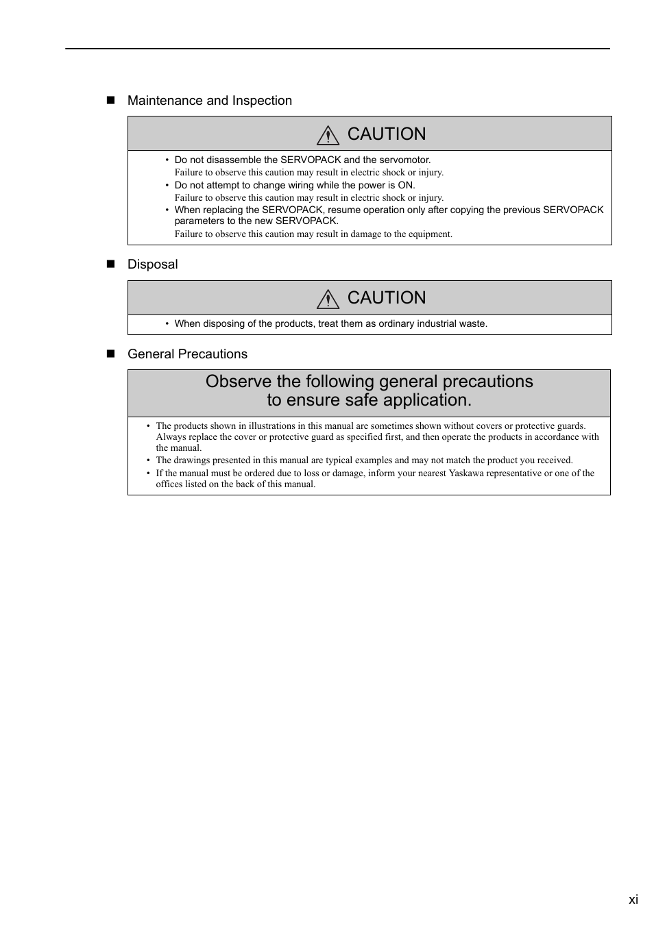 Caution | Yaskawa Σ-V Series AC Servo Drives Rotational Motor MECHATROLINK-II User Manual | Page 11 / 320