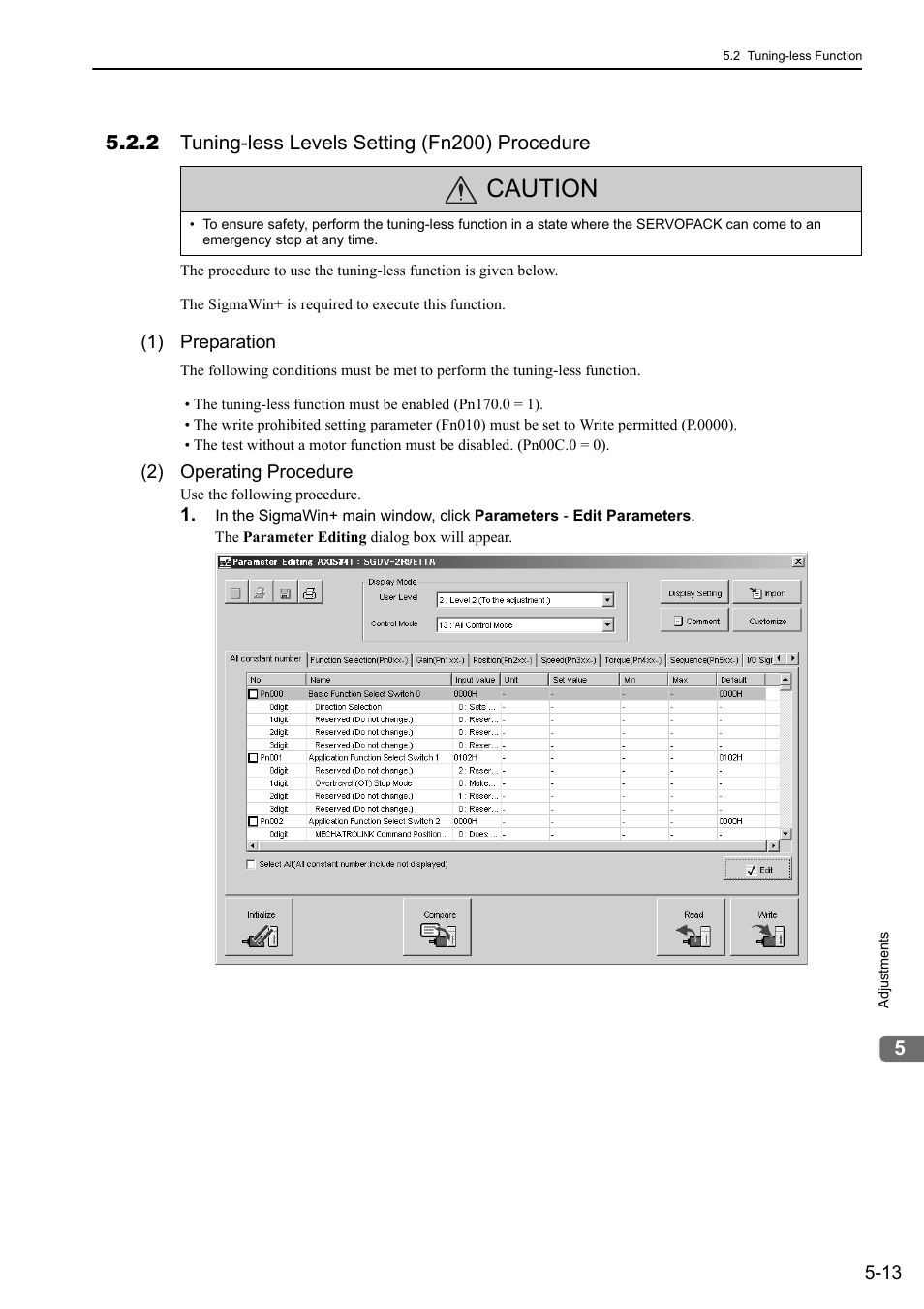 2 tuning-less levels setting (fn200) procedure, Caution | Yaskawa Σ-V Series AC Servo Drives Rotational Motor MECHATROLINK-II User Manual | Page 123 / 320