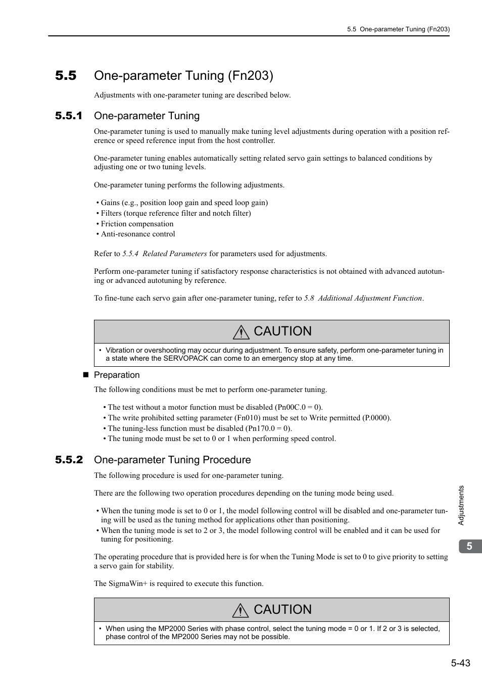 5 one-parameter tuning (fn203), 1 one-parameter tuning, 2 one-parameter tuning procedure | Caution | Yaskawa Σ-V Series AC Servo Drives Rotational Motor MECHATROLINK-II User Manual | Page 153 / 320