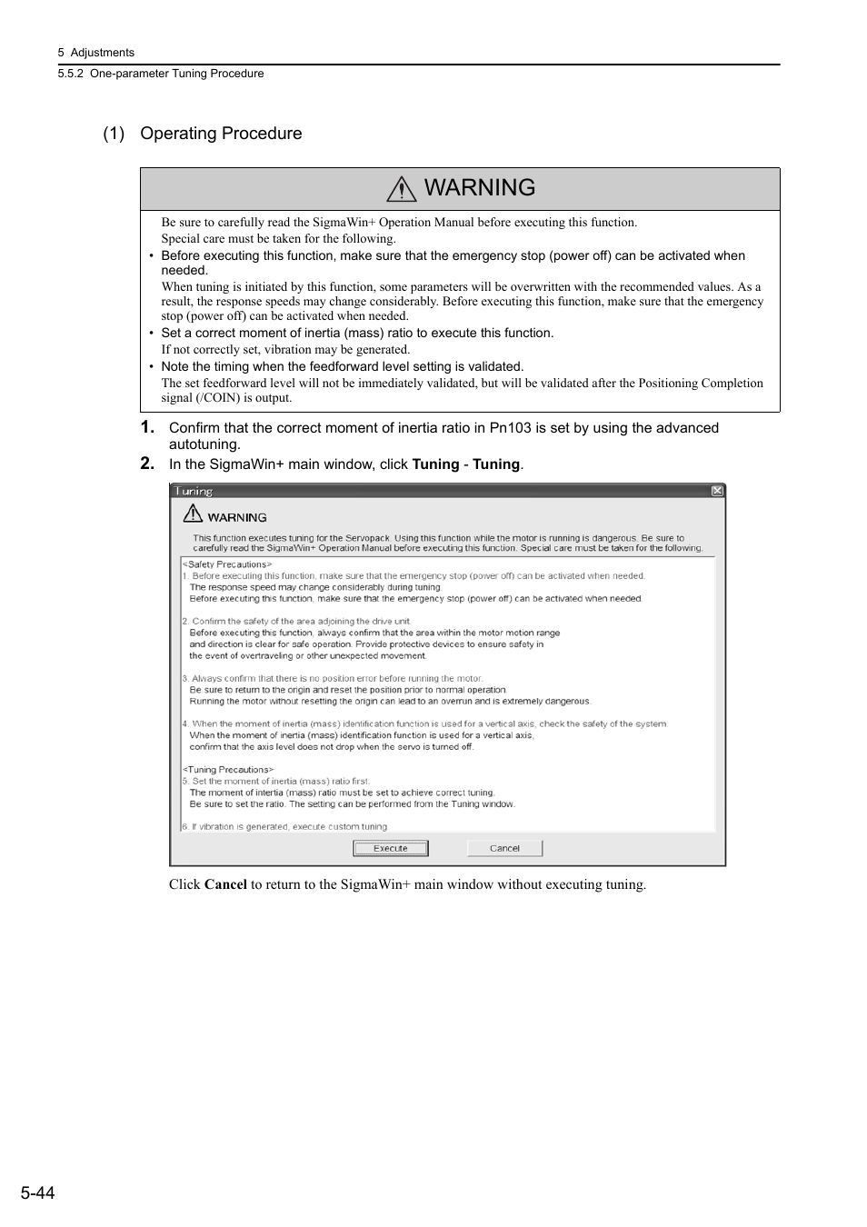 Warning, 44 (1) operating procedure 1, Mec ha | Yaskawa Σ-V Series AC Servo Drives Rotational Motor MECHATROLINK-II User Manual | Page 154 / 320