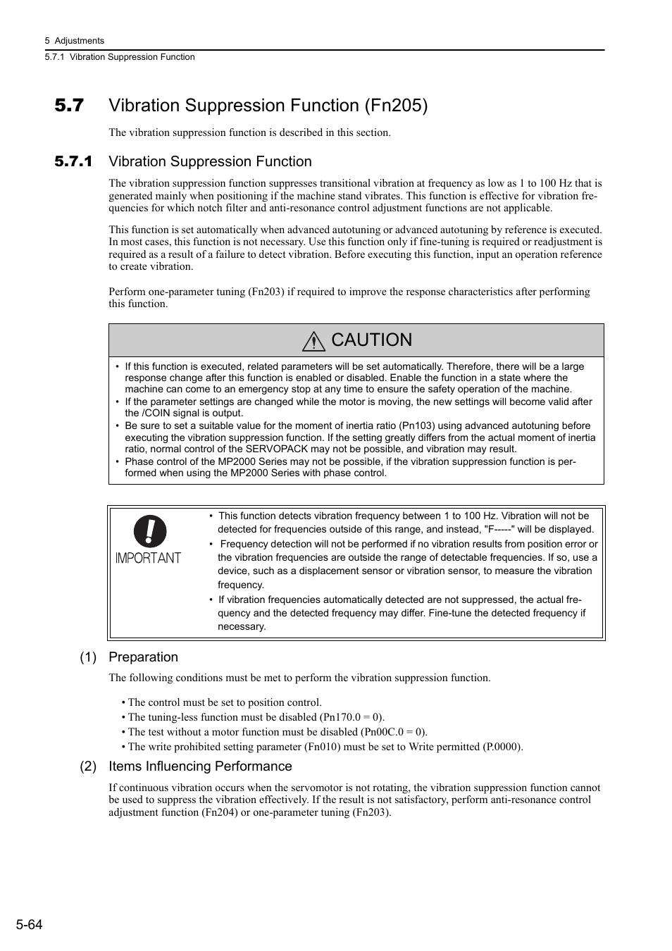 7 vibration suppression function (fn205), 1 vibration suppression function, Caution | Yaskawa Σ-V Series AC Servo Drives Rotational Motor MECHATROLINK-II User Manual | Page 174 / 320