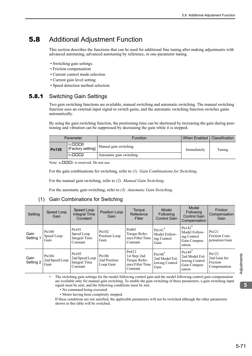 8 additional adjustment function, 1 switching gain settings, 1) gain combinations for switching | Yaskawa Σ-V Series AC Servo Drives Rotational Motor MECHATROLINK-II User Manual | Page 181 / 320