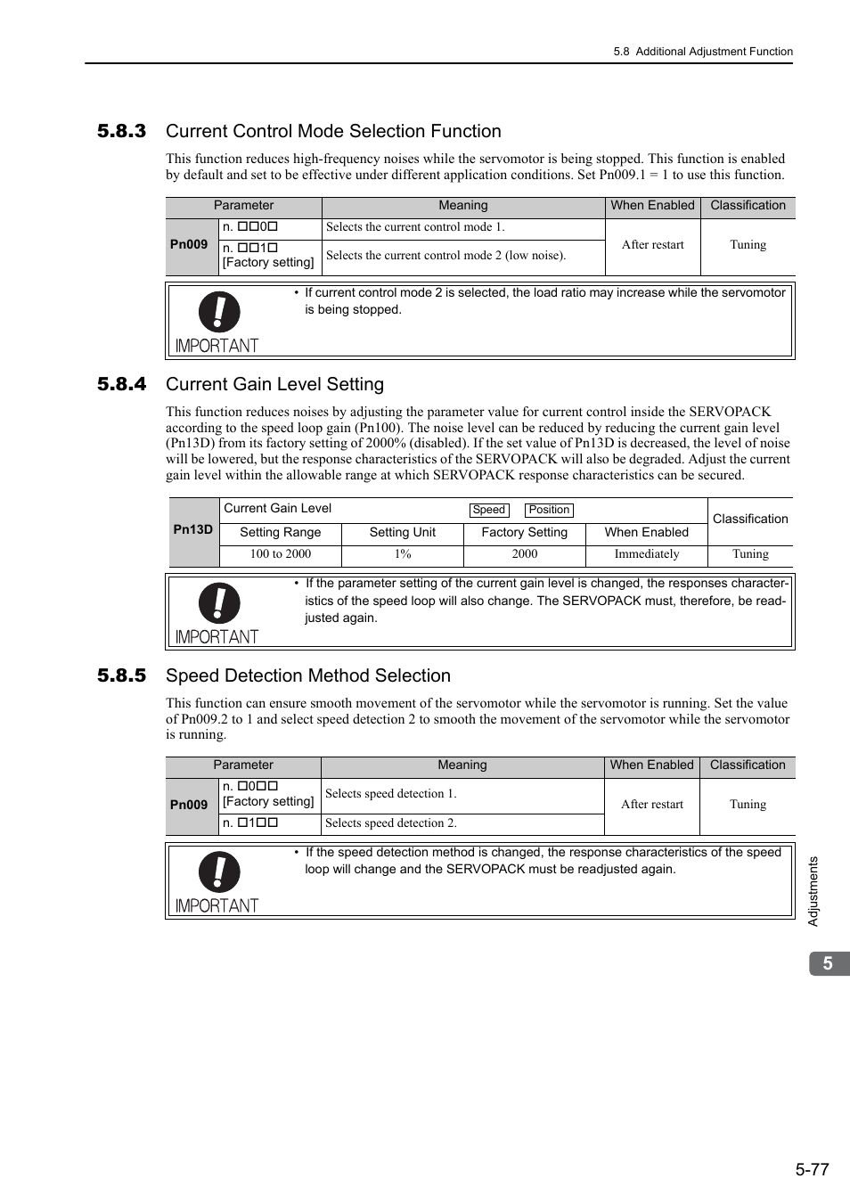 3 current control mode selection function, 4 current gain level setting, 5 speed detection method selection | Yaskawa Σ-V Series AC Servo Drives Rotational Motor MECHATROLINK-II User Manual | Page 187 / 320