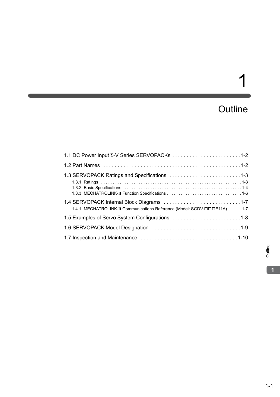 1 outline, Outline | Yaskawa Σ-V Series AC Servo Drives Rotational Motor MECHATROLINK-II User Manual | Page 19 / 320