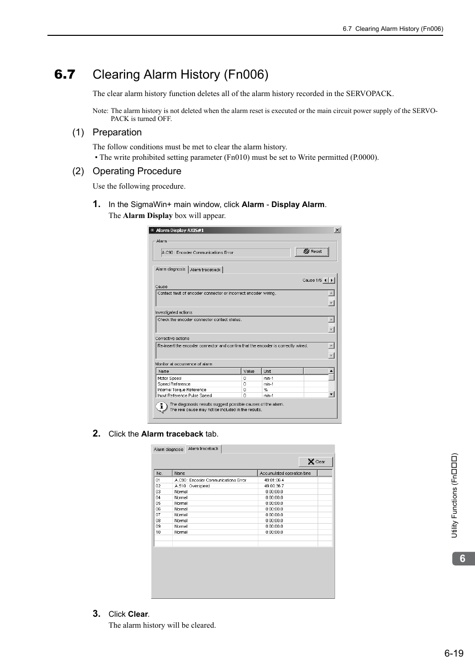 7 clearing alarm history (fn006) | Yaskawa Σ-V Series AC Servo Drives Rotational Motor MECHATROLINK-II User Manual | Page 218 / 320