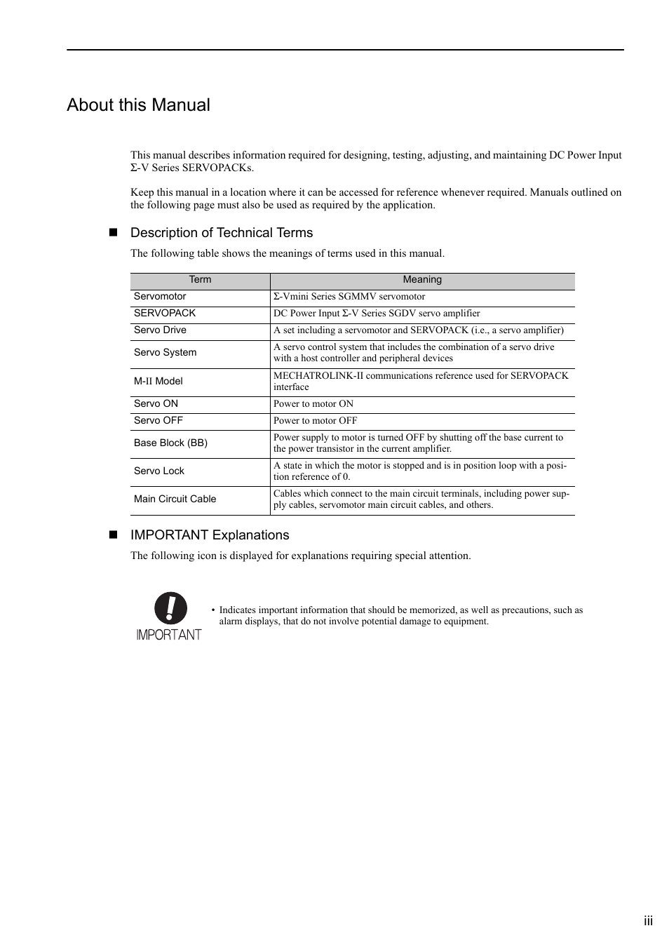 About this manual, Description of technical terms, Important explanations | Yaskawa Σ-V Series AC Servo Drives Rotational Motor MECHATROLINK-II User Manual | Page 3 / 320
