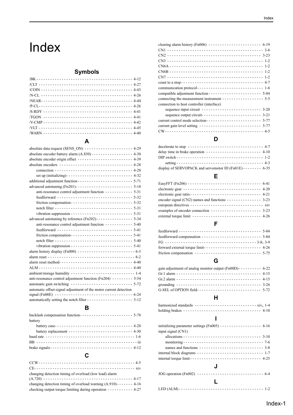 Index, Symbols, Index-1 | Yaskawa Σ-V Series AC Servo Drives Rotational Motor MECHATROLINK-II User Manual | Page 316 / 320