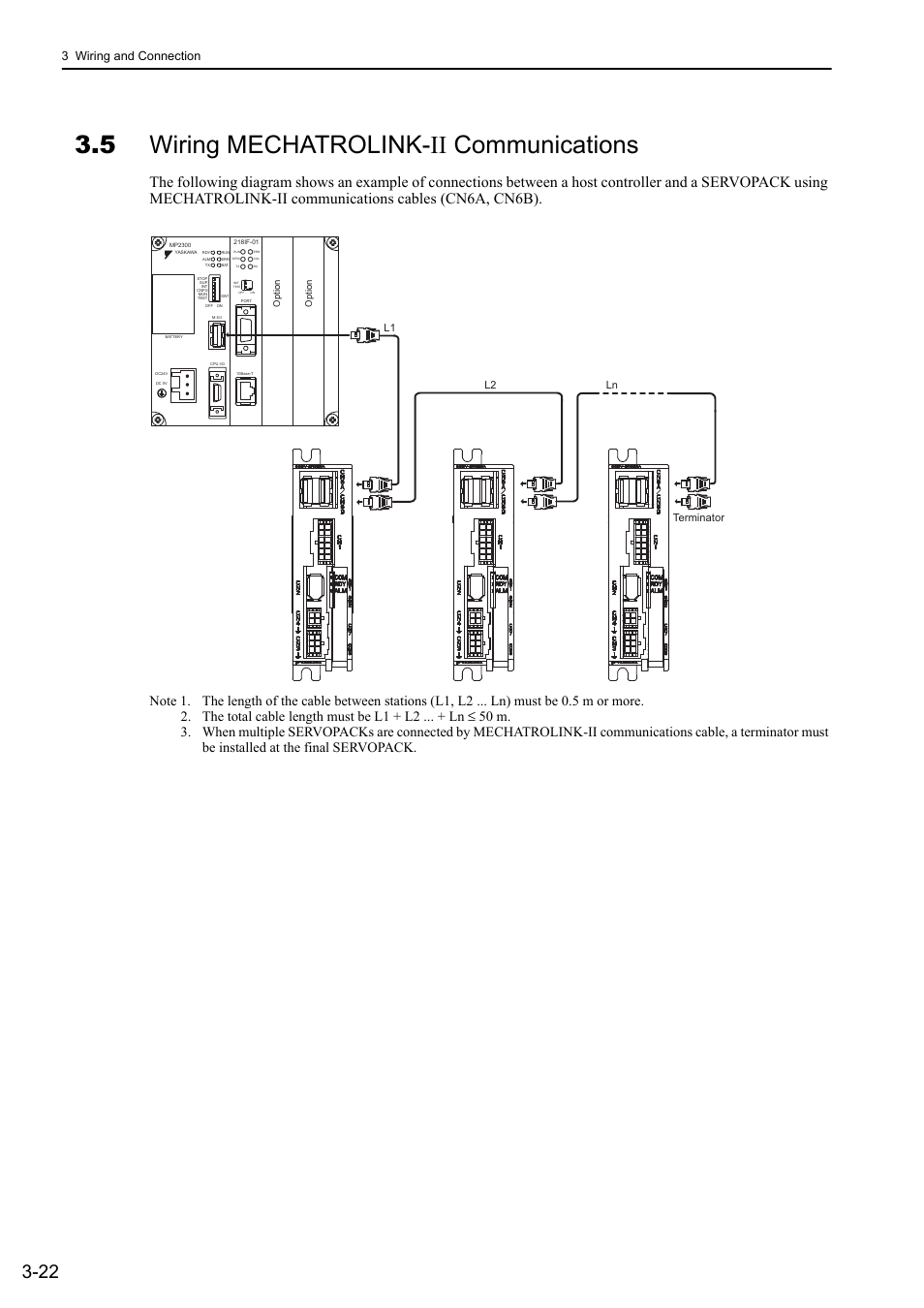 5 wiring mechatrolink-ii communications, 5 wiring mechatrolink- ii communications, M-ii | 3 wiring and connection, Ln l1 l2 terminator | Yaskawa Σ-V Series AC Servo Drives Rotational Motor MECHATROLINK-II User Manual | Page 59 / 320