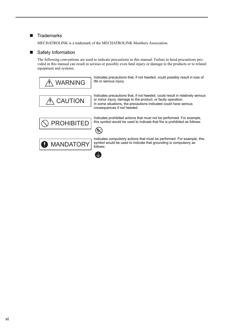 Warning caution prohibited mandatory | Yaskawa Σ-V Series AC Servo Drives Rotational Motor MECHATROLINK-II User Manual | Page 6 / 320
