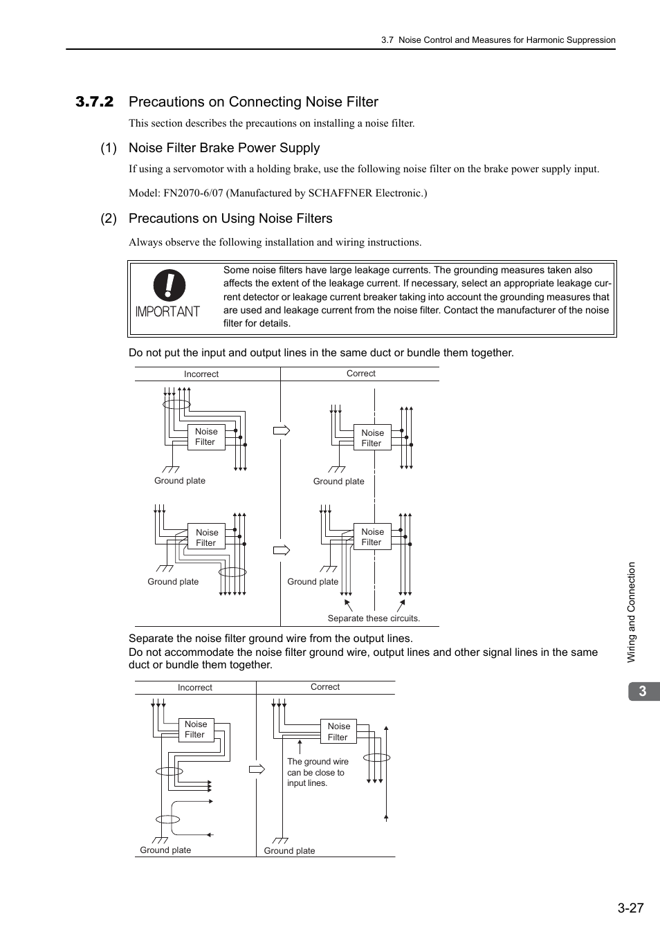 2 precautions on connecting noise filter, 1) noise filter brake power supply, 2) precautions on using noise filters | Yaskawa Σ-V Series AC Servo Drives Rotational Motor MECHATROLINK-II User Manual | Page 64 / 320
