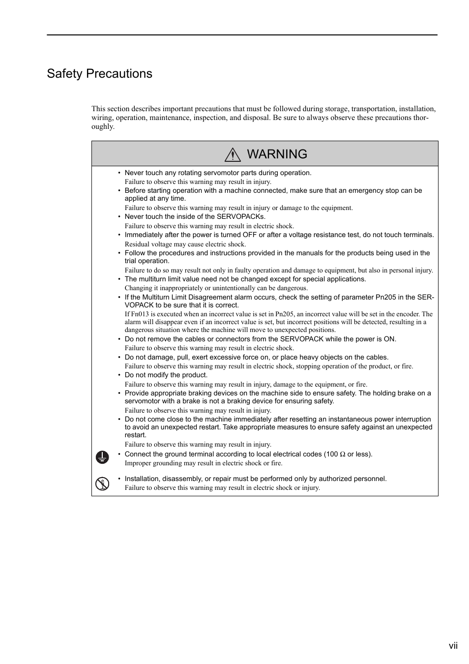 Safety precautions, Warning | Yaskawa Σ-V Series AC Servo Drives Rotational Motor MECHATROLINK-II User Manual | Page 7 / 320