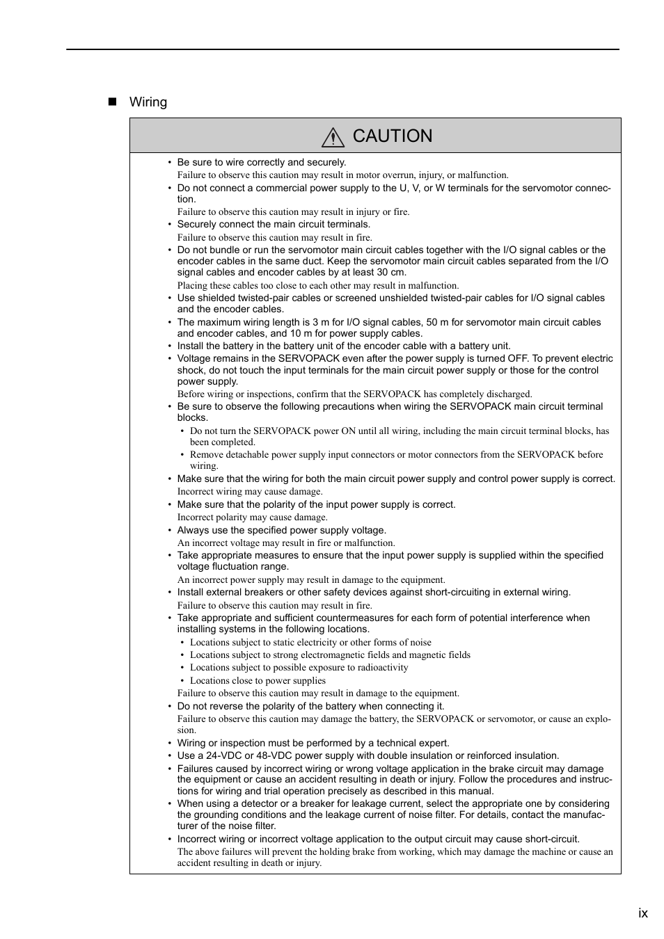 Caution, Ix wiring | Yaskawa Σ-V Series AC Servo Drives Rotational Motor MECHATROLINK-II User Manual | Page 9 / 320