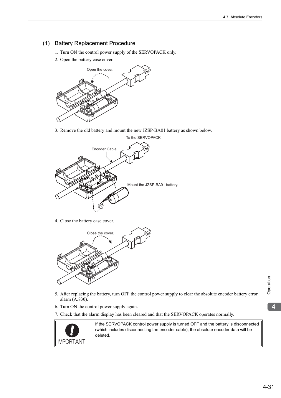 1) battery replacement procedure | Yaskawa Σ-V Series AC Servo Drives Rotational Motor MECHATROLINK-II User Manual | Page 96 / 320