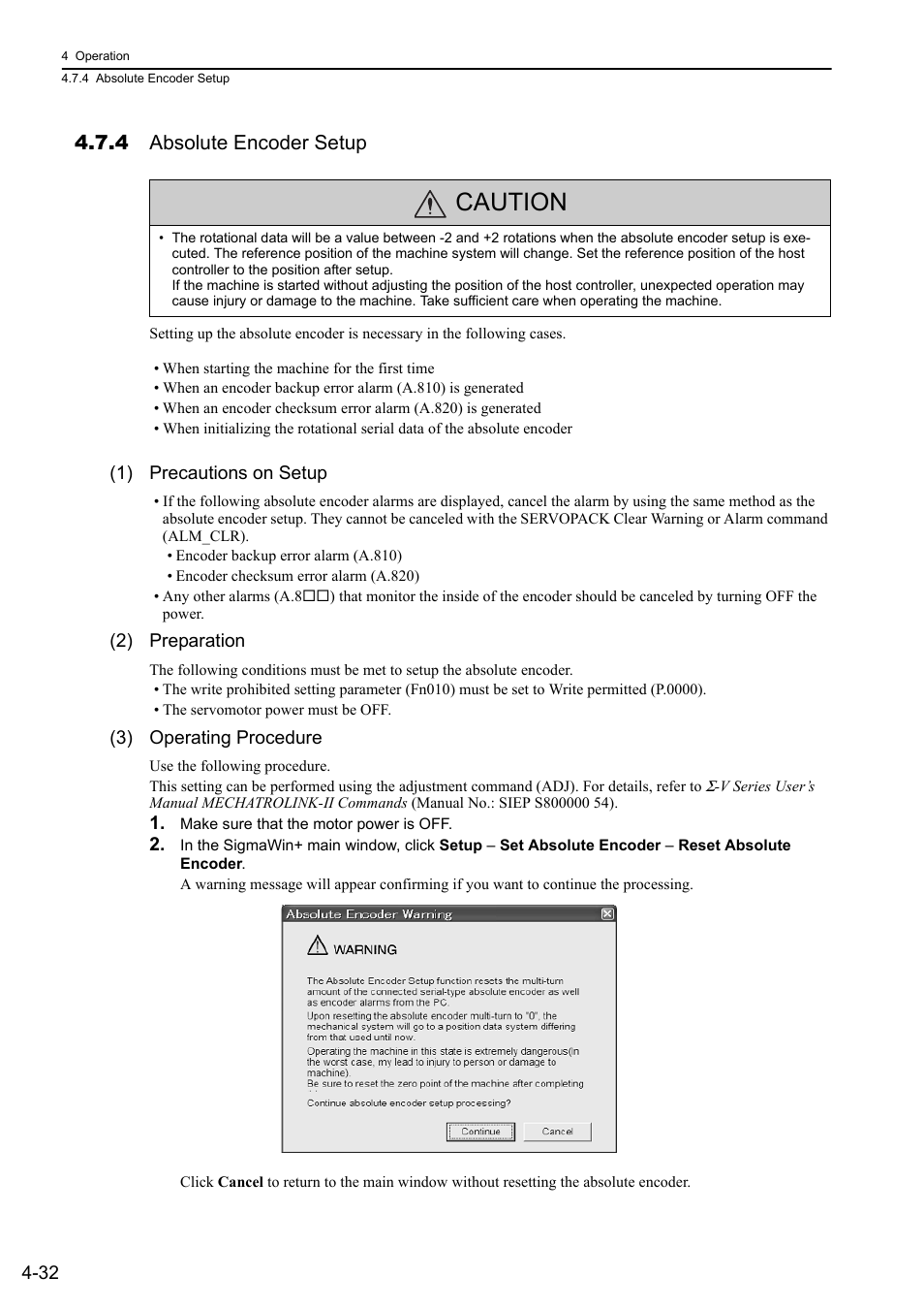 4 absolute encoder setup, Caution | Yaskawa Σ-V Series AC Servo Drives Rotational Motor MECHATROLINK-II User Manual | Page 97 / 320