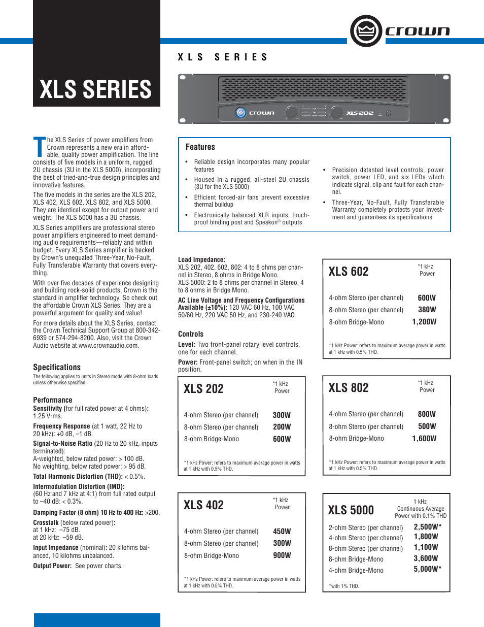 Crown Audio XLS Series User Manual | 2 pages