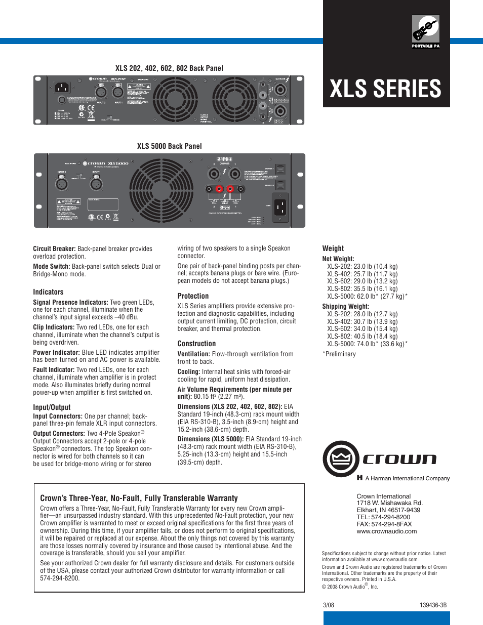 Xls series | Crown Audio XLS Series User Manual | Page 2 / 2