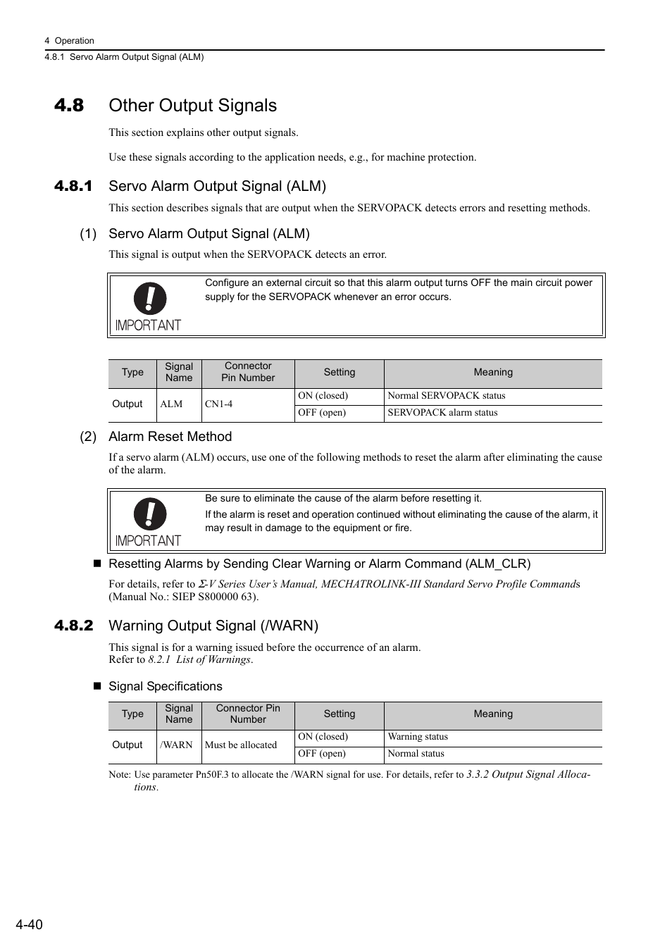 8 other output signals, 1 servo alarm output signal (alm), 2 warning output signal (/warn) | 1) servo alarm output signal (alm), 2) alarm reset method | Yaskawa Σ-V Series AC Servo Drives Rotational Motor MECHATROLINK-III User Manual | Page 105 / 337