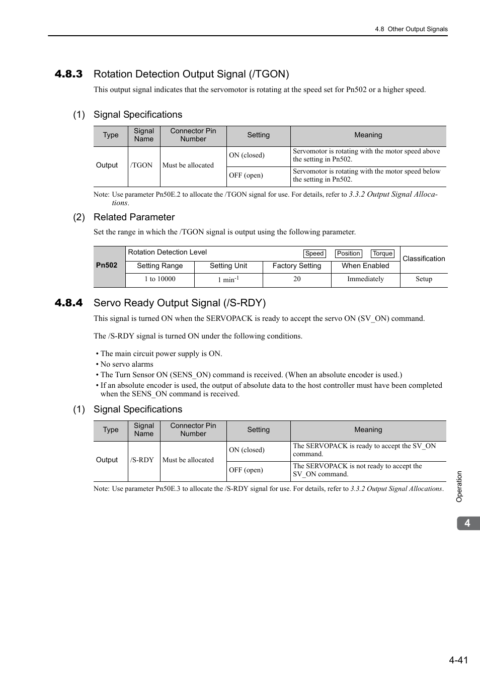 3 rotation detection output signal (/tgon), 4 servo ready output signal (/s-rdy), 1) signal specifications | 2) related parameter | Yaskawa Σ-V Series AC Servo Drives Rotational Motor MECHATROLINK-III User Manual | Page 106 / 337