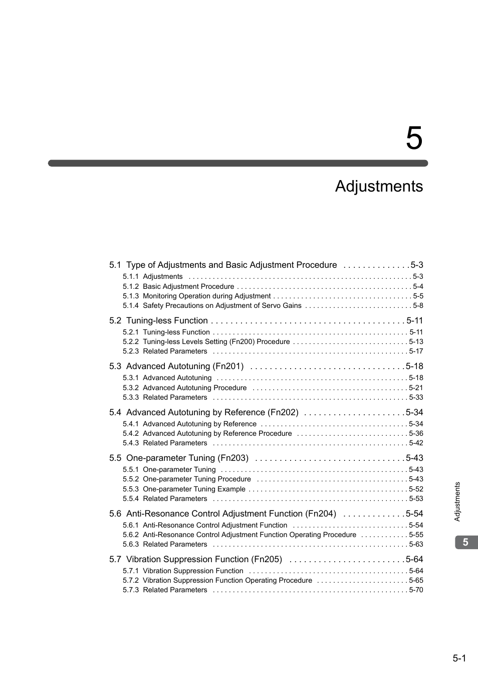 5 adjustments, Adjustments | Yaskawa Σ-V Series AC Servo Drives Rotational Motor MECHATROLINK-III User Manual | Page 111 / 337
